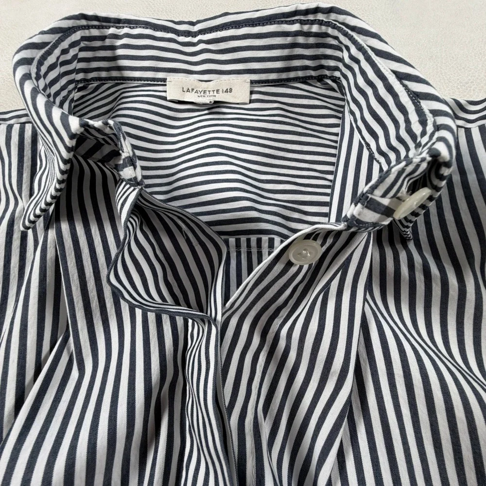 Lafayette 148 New York Womens Navy White Striped Button Down Shirt Large - Picture 12 of 16